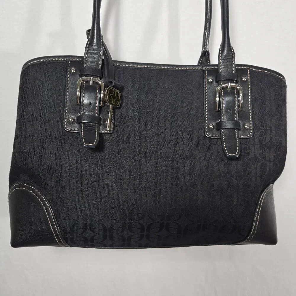 Vintage FOSSIL Y2K Whimsigoth BLACK Signature Canvas Leather Trim Shoulder Bag. - Picture 4 of 17